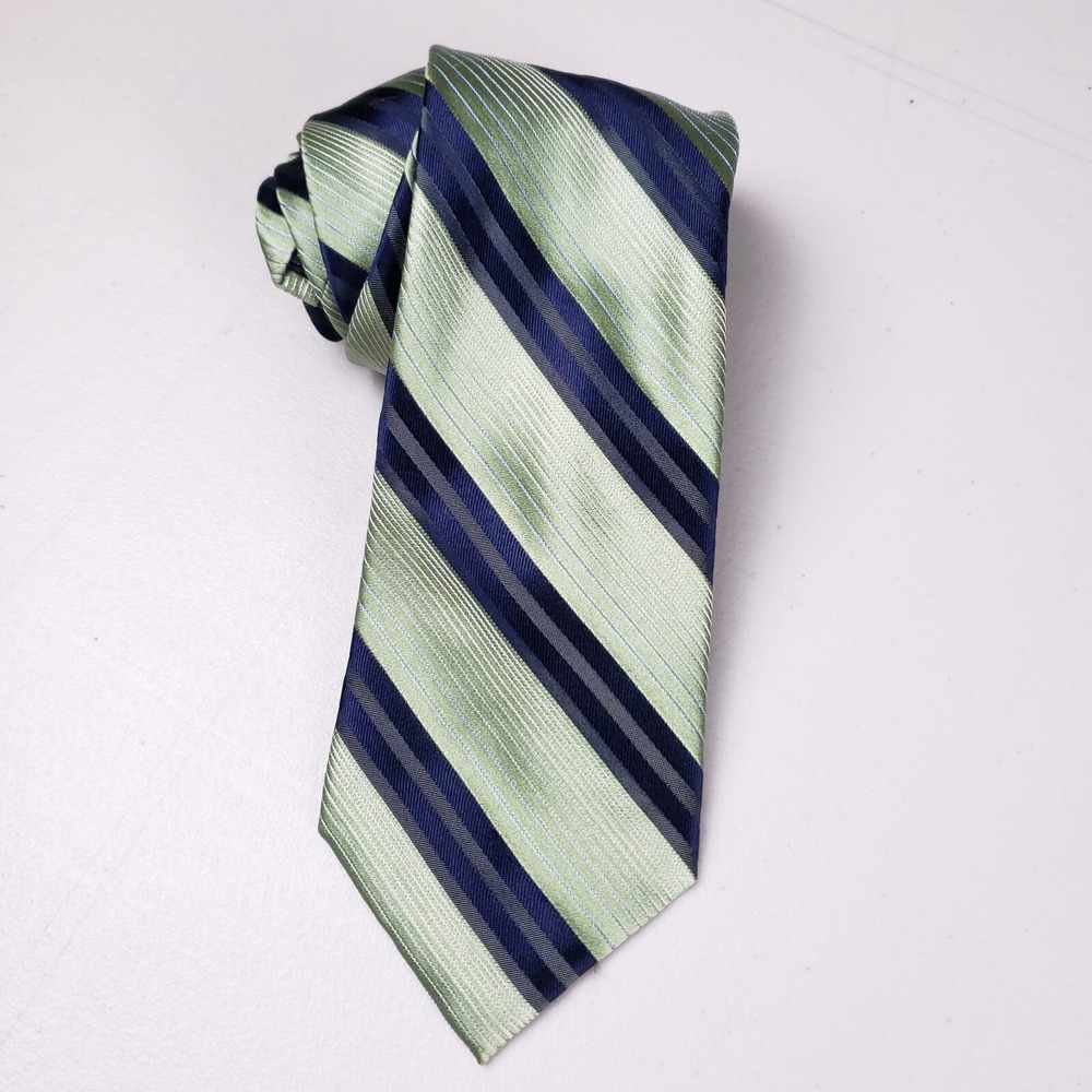 Perry Ellis Portfolio Necktie Silk Green Navy Stripe‎ Officecore Luxe Formal